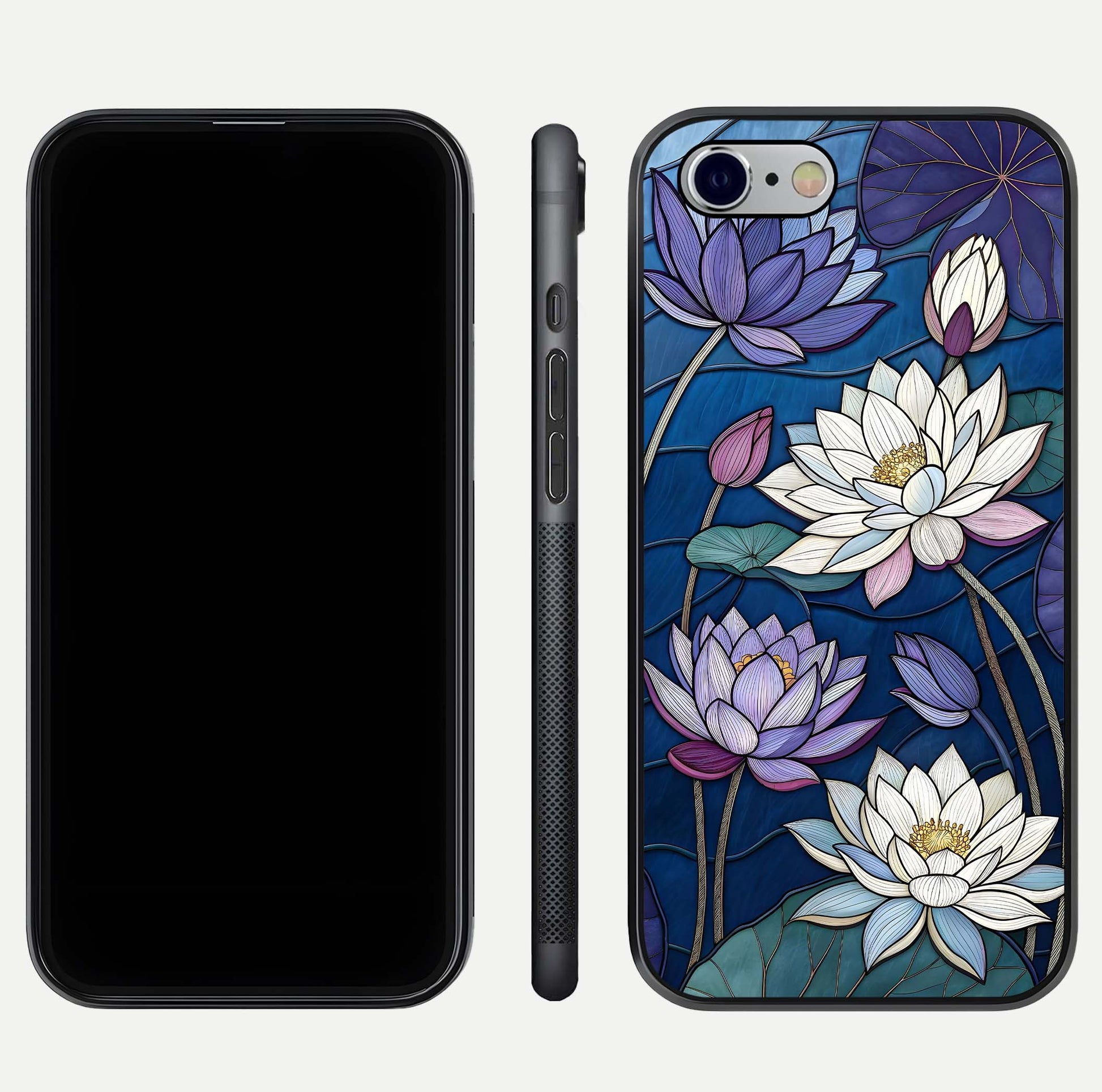 Purple Lotus Stained Glass Case for iPhone 16 Pro front & back layout showing bright tones and smooth edge finish