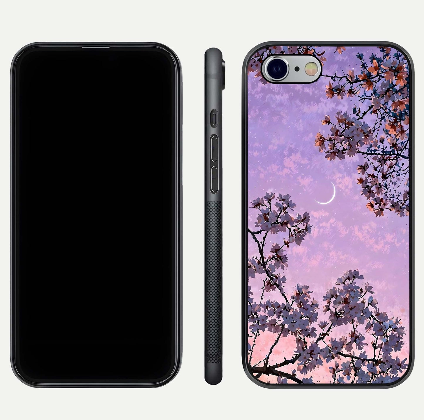 Purple Serenity Moon Glass Case for iPhone 16 Pro front & back layout highlighting celestial tones and curves