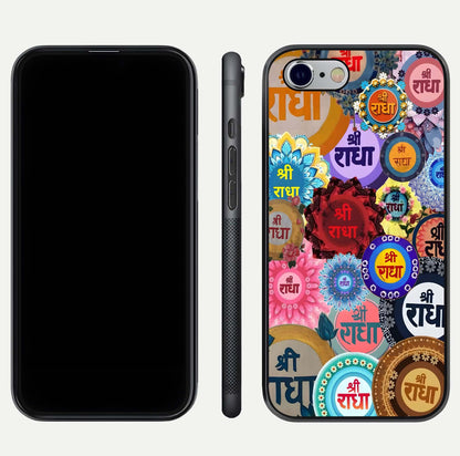 Radha Divine Bloom Glass Case for iPhone 16 Pro front & back layout showing spiritual tones and elegant edges