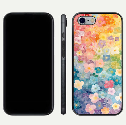 Rainbow Blossom Burst Glass Case for iPhone 16 Pro front & back layout showing bright tones and edge finish