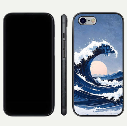 Rising Tide Power Glass Case for iPhone 16 Pro front & back layout showing ocean design and smooth glass edge