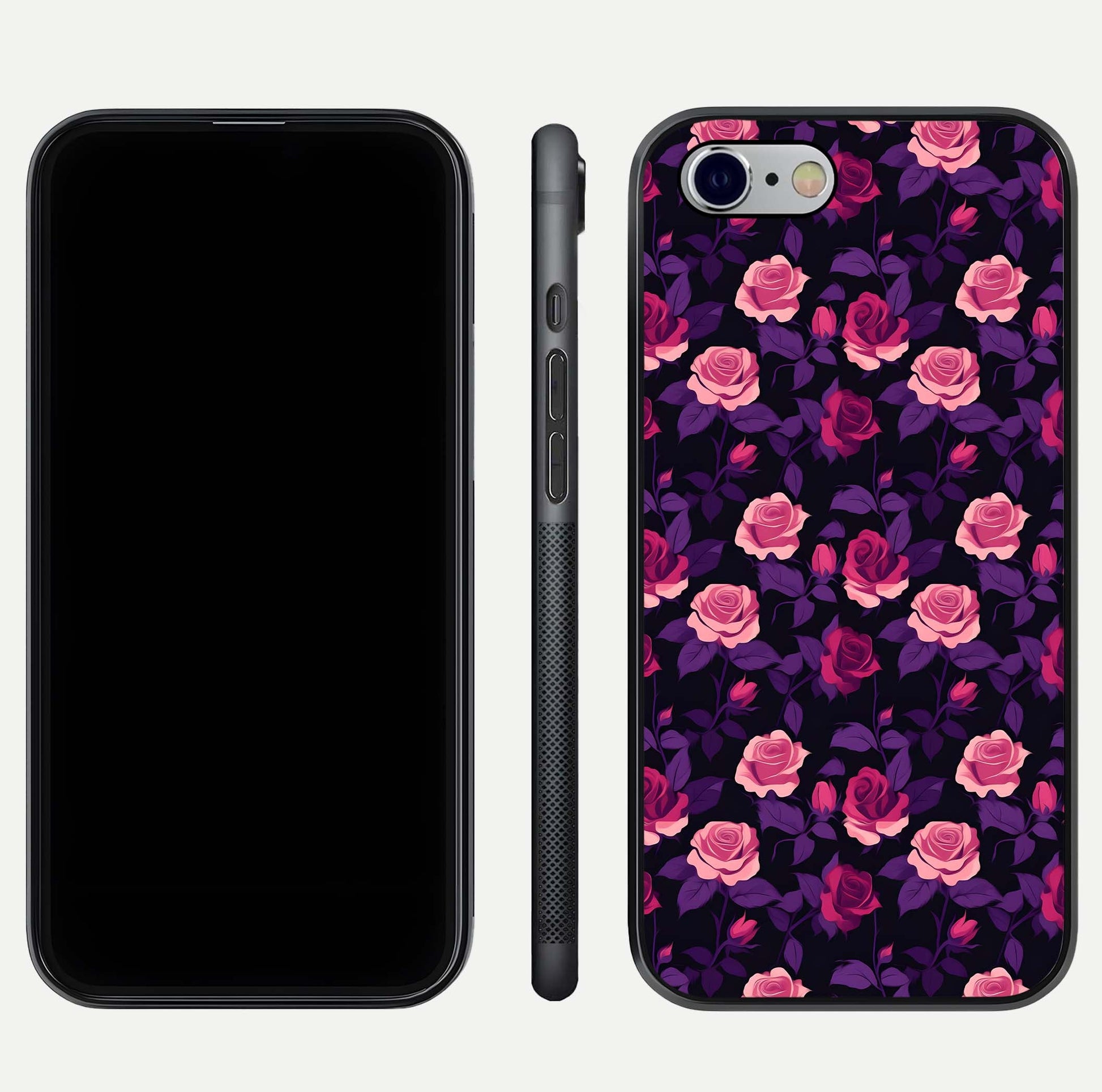 Rose Garden Twilight Glass Case for iPhone 16 Pro front & back layout showing rich twilight tones and edges