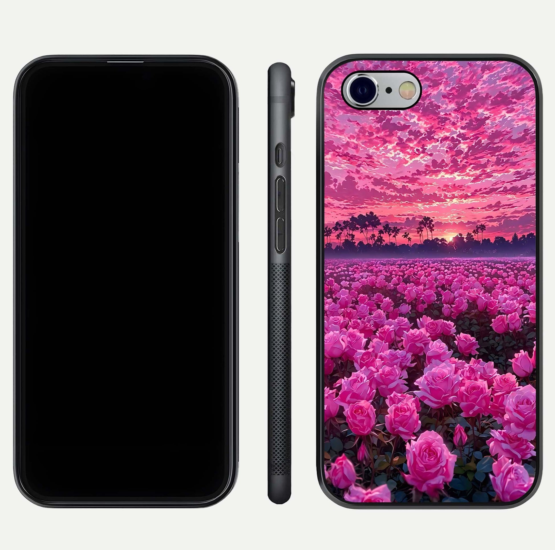 Rose Sunset Valley Glass Case for iPhone 16 Pro front & back layout highlighting gradient tones and glass shine