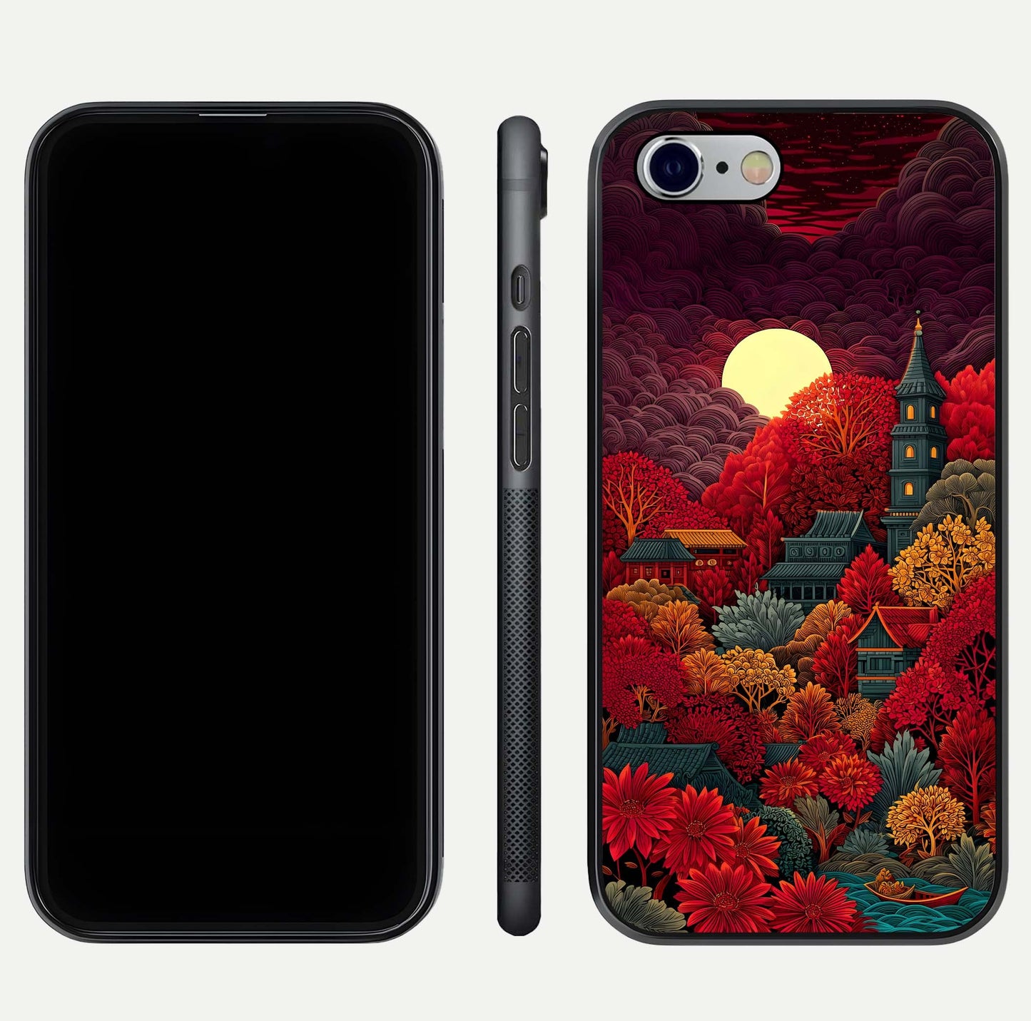 Scarlet Autumn Temple Glass Case for iPhone 16 Pro front & back layout showing scenic tones and curved edges