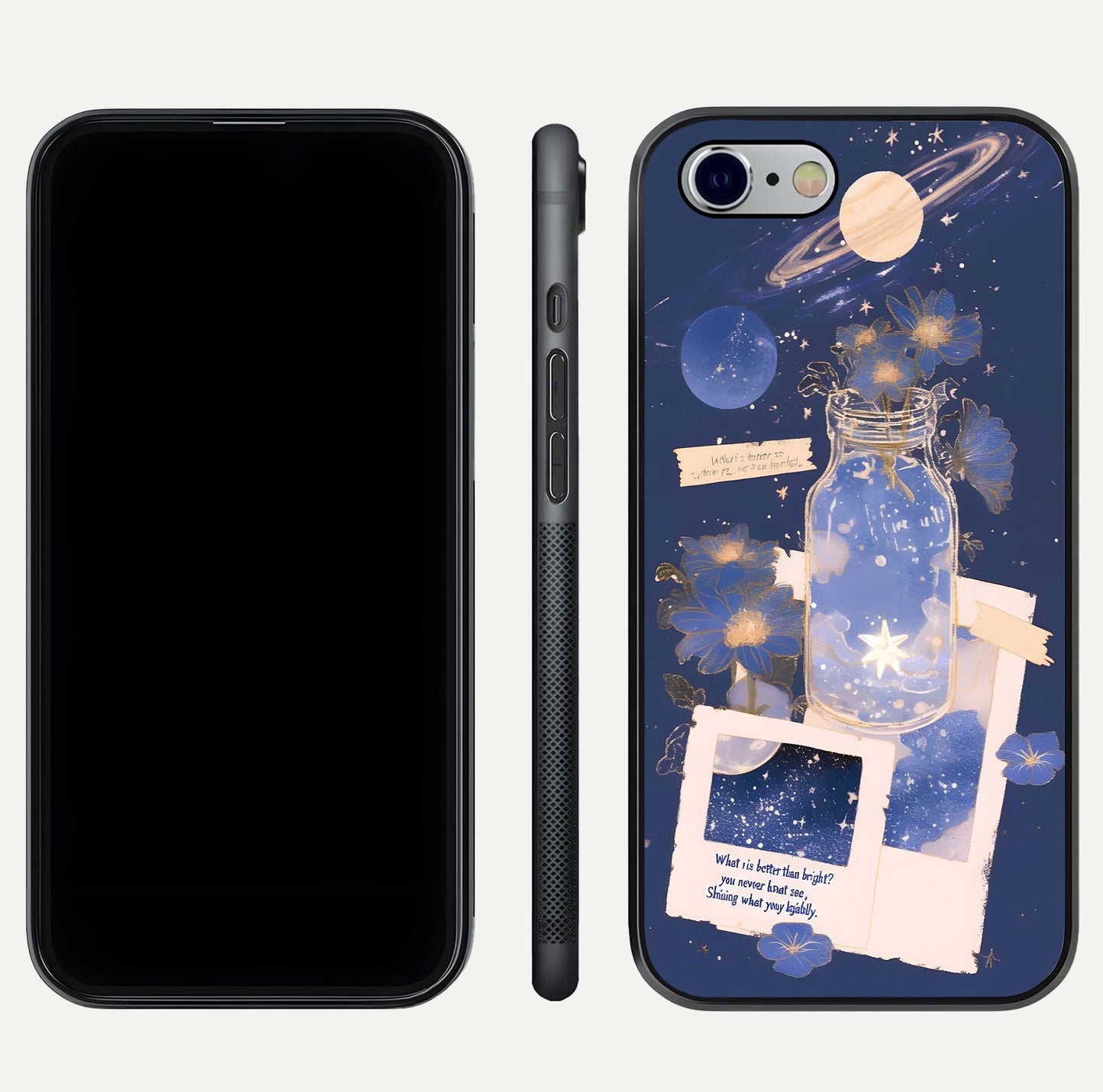 Starlit Cosmic Jar Glass Case for iPhone 16 Pro front & back layout showing cosmic pattern and curved glass edge