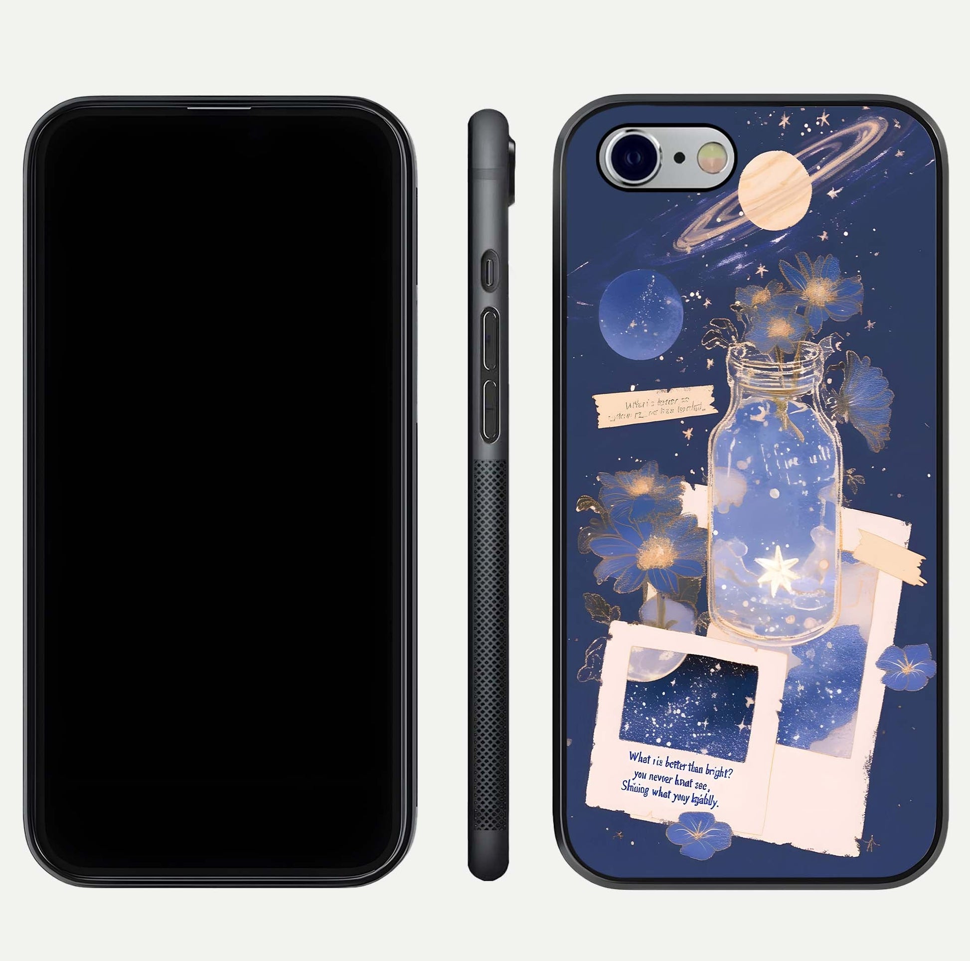 Starlit Cosmic Jar Glass Case for iPhone 16 Pro front & back layout showing cosmic pattern and curved glass edge