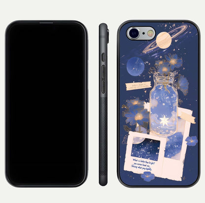 Starlit Cosmic Jar Glass Case for iPhone 16 Pro front & back layout showing cosmic pattern and curved glass edge