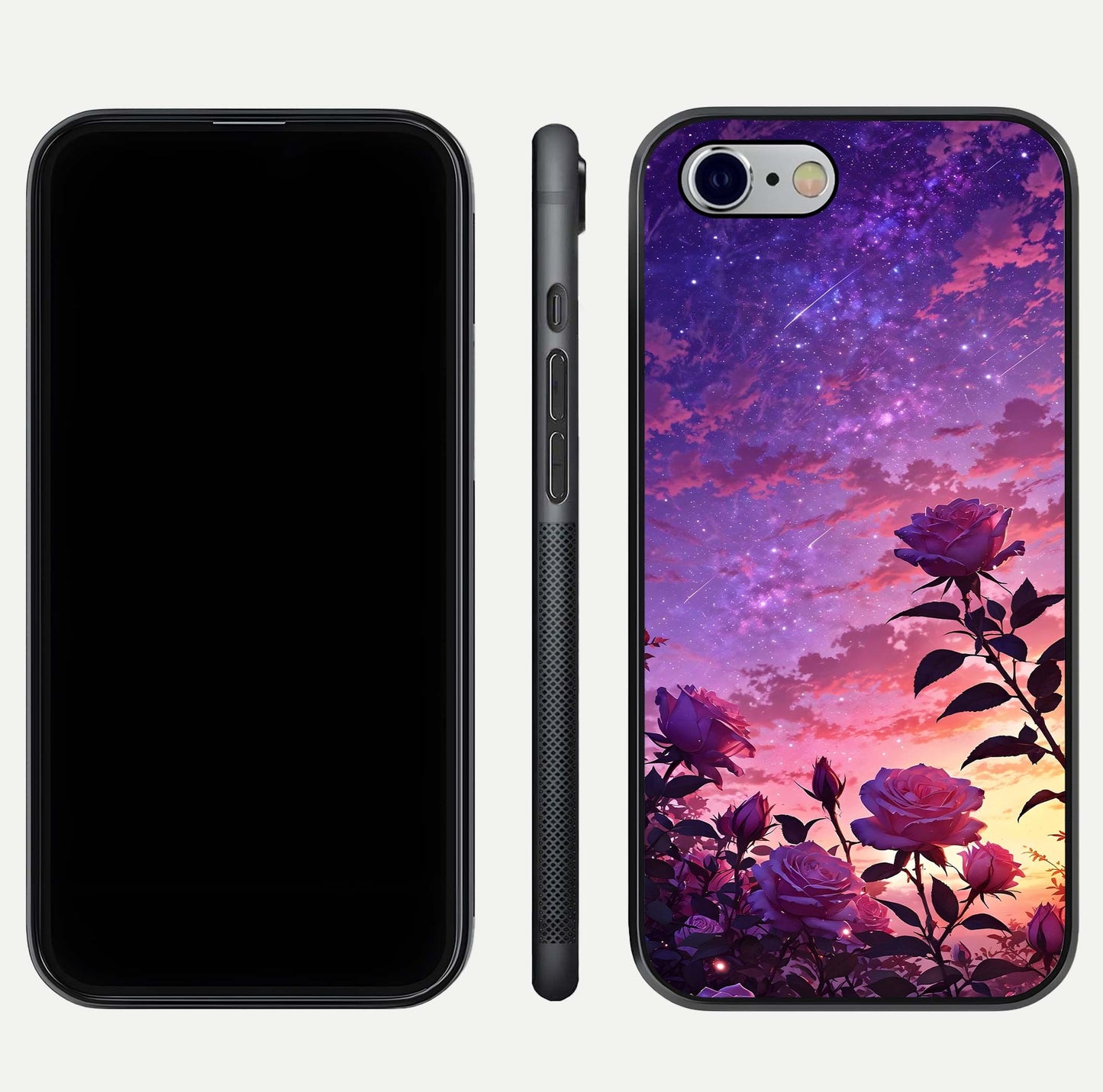 Starlit Rose Twilight Glass Case for iPhone 16 Pro front & back layout showing floral blend and glossy edge