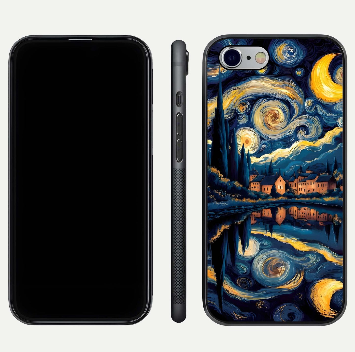 Starry Sky Serenity Glass Case for iPhone 16 Pro front & back layout showing stars and curved glass edges