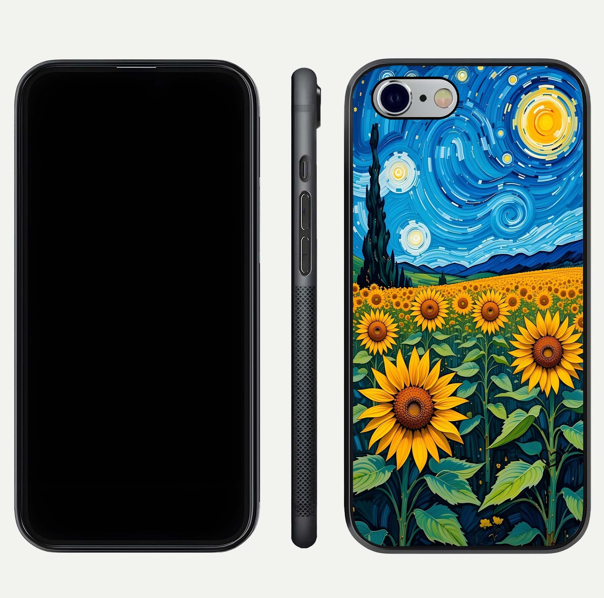 Starry Sunflower Dreams Glass Case for iPhone 16 Pro front & back layout showing floral blend and edge detail