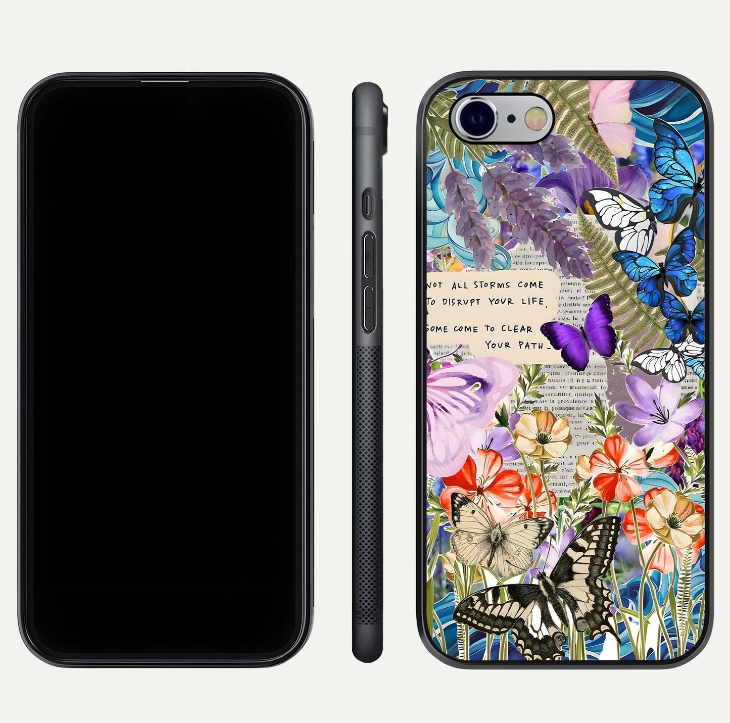 Storm Path Bloom Glass Case for iPhone 16 Pro front & back layout showing moody floral blend and edges