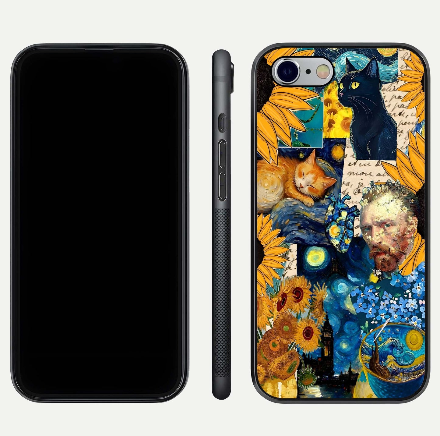 Sunflower Cat Art Glass Case for iPhone 16 Pro front & back layout showing detailed floral cat design and edges
