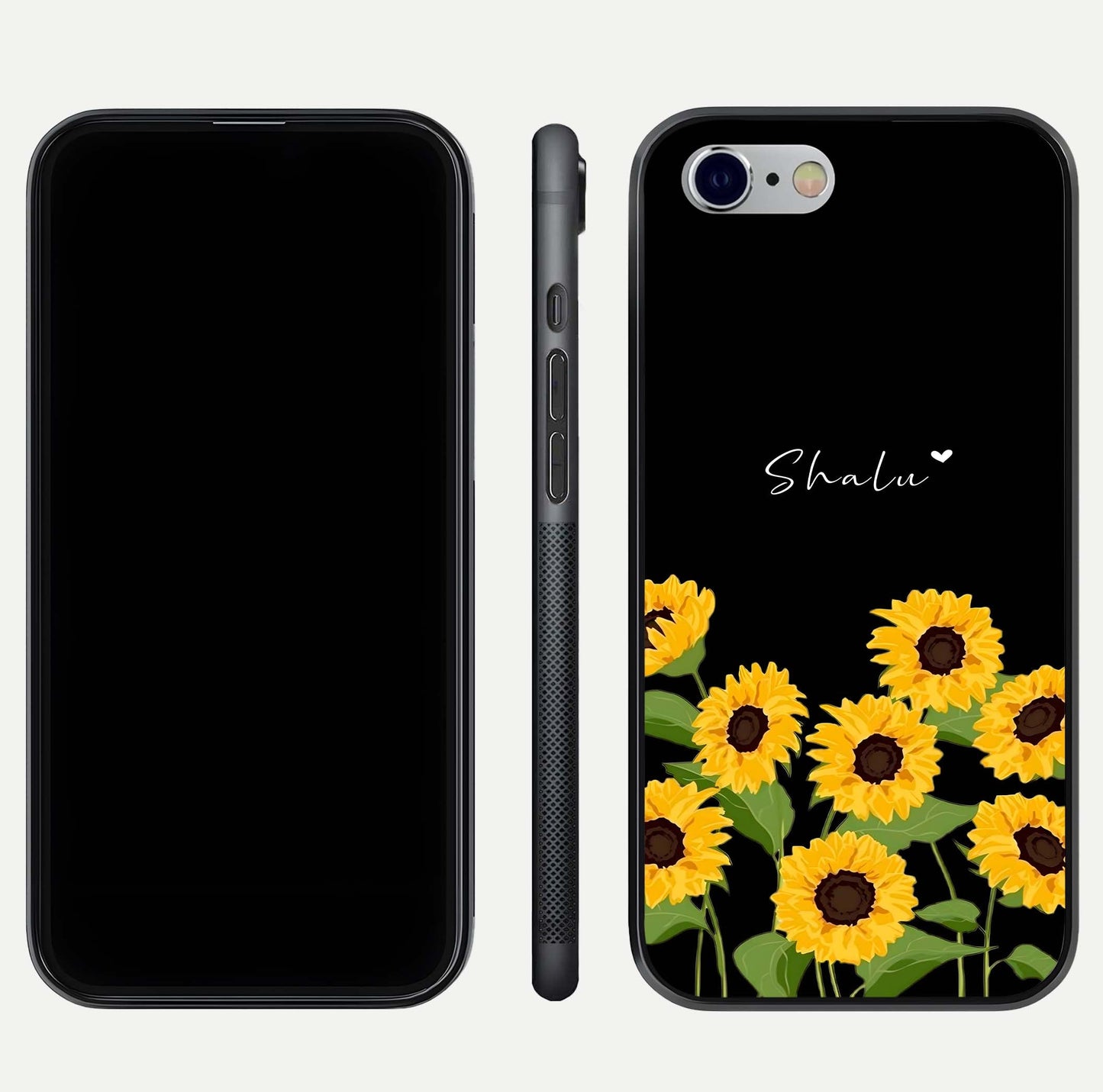 Sunflower Chic Mood Custom Name Glass Case for iPhone 16 Pro front & back layout highlighting custom text zone and shine