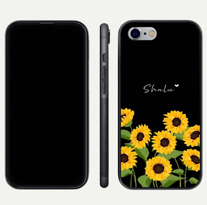 Sunflower Chic Mood Custom Name Glass Case for iPhone 16 Pro front & back layout highlighting custom text zone and shine