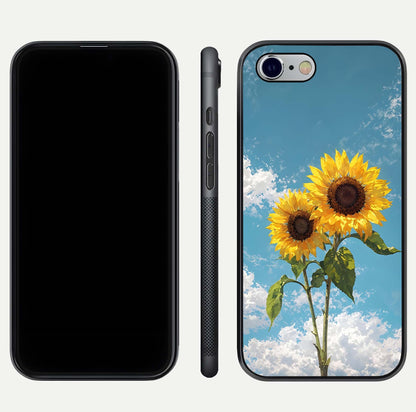 Sunflower Sky Bloom Glass Case for iPhone 16 Pro front & back layout showing soft blue tones and flower contrast
