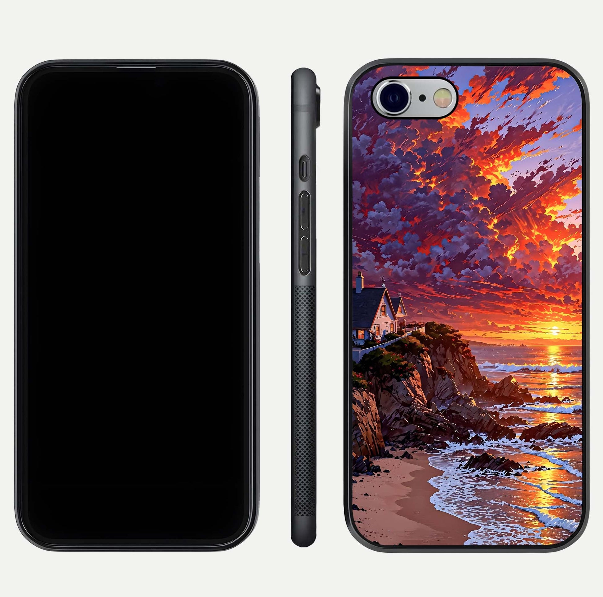 Sunset House by Sea Glass Case for iPhone 16 Pro front & back layout showing scenic gradient and curved edge