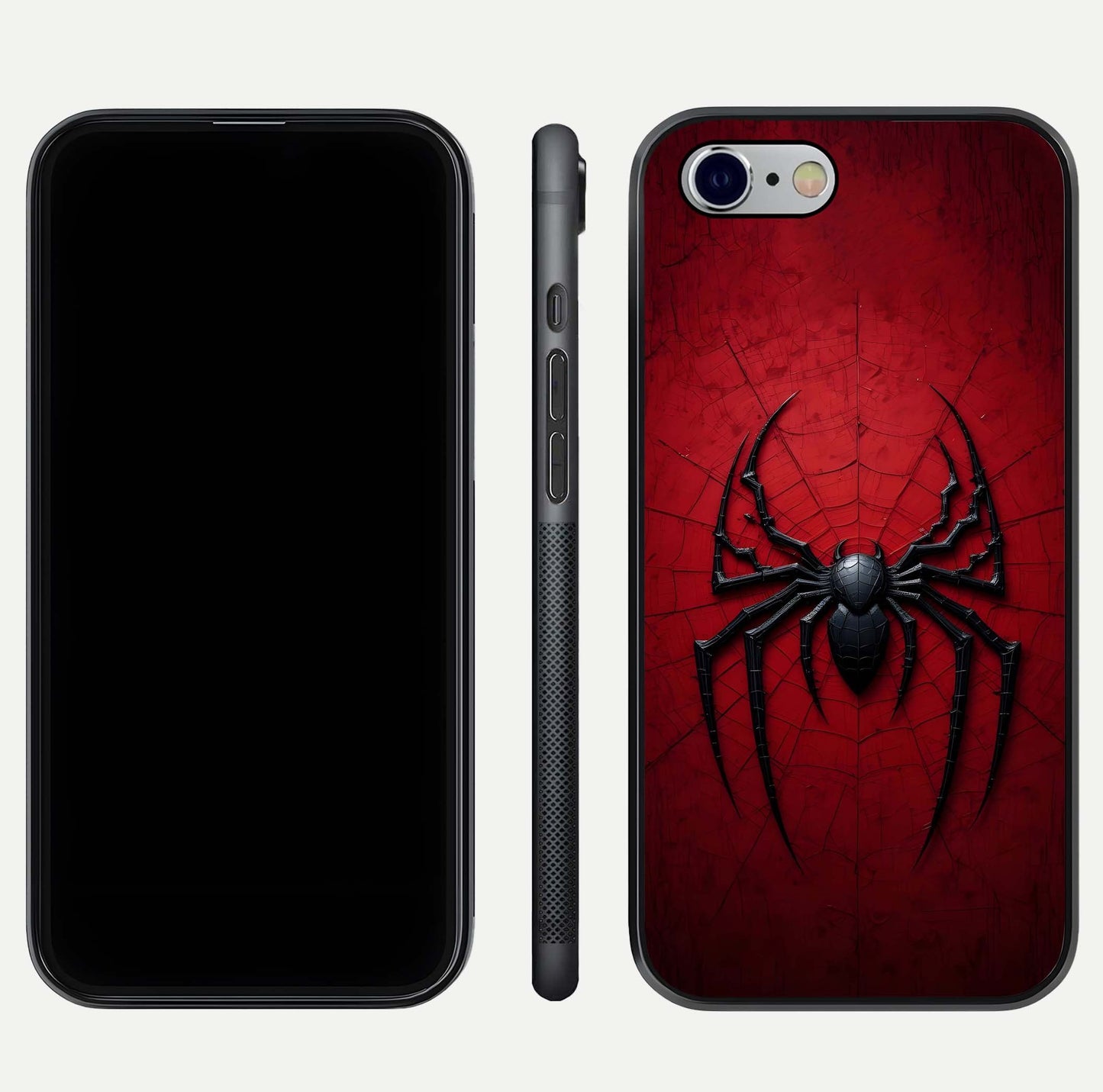 Venom Web Emblem Glass Case for iPhone 16 Pro front & back layout showing contrast art and curved glass edges