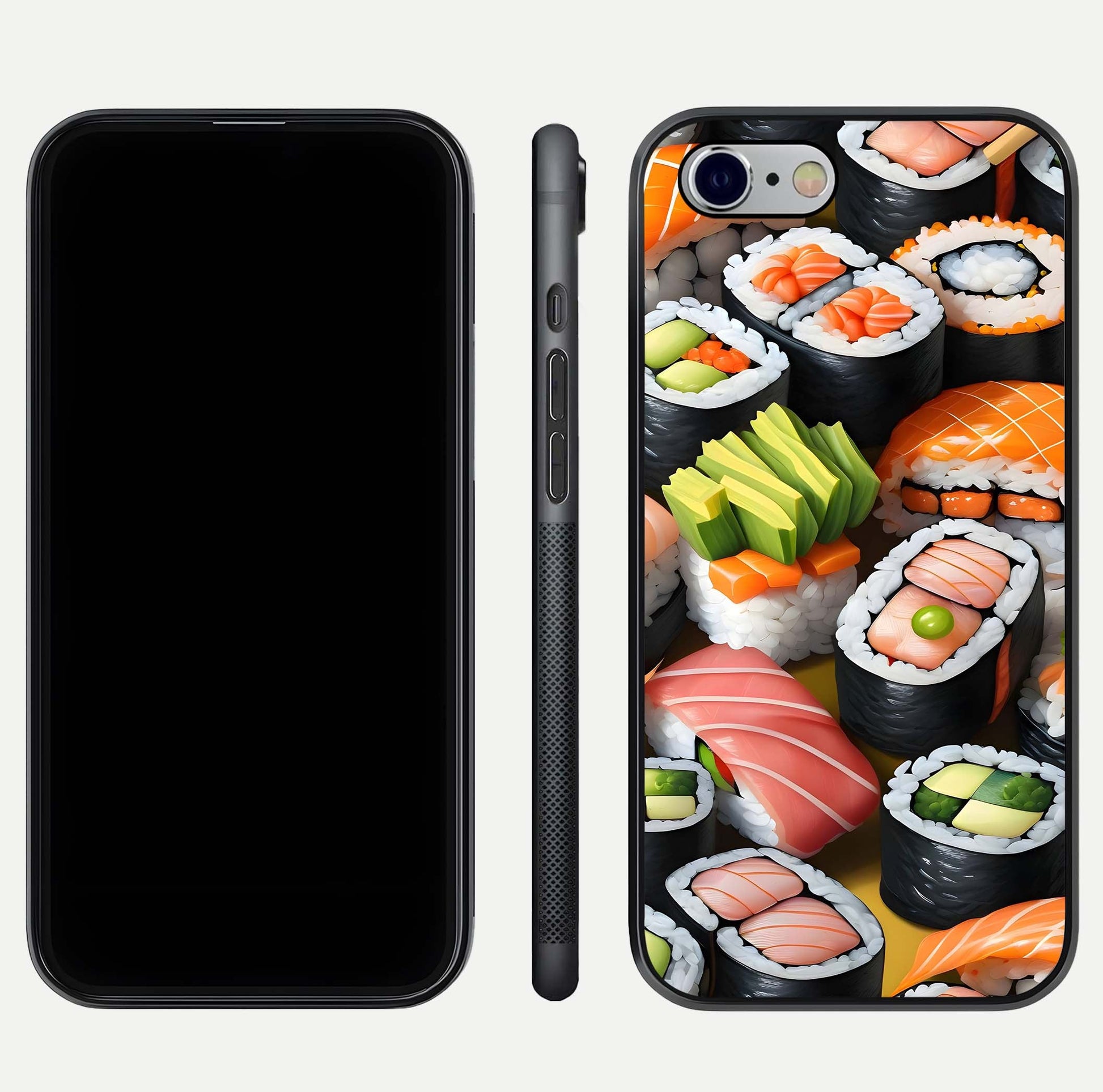 Sushi Food Pattern Glass Case for iPhone 16 Pro front & back layout showing playful food theme and clear edges