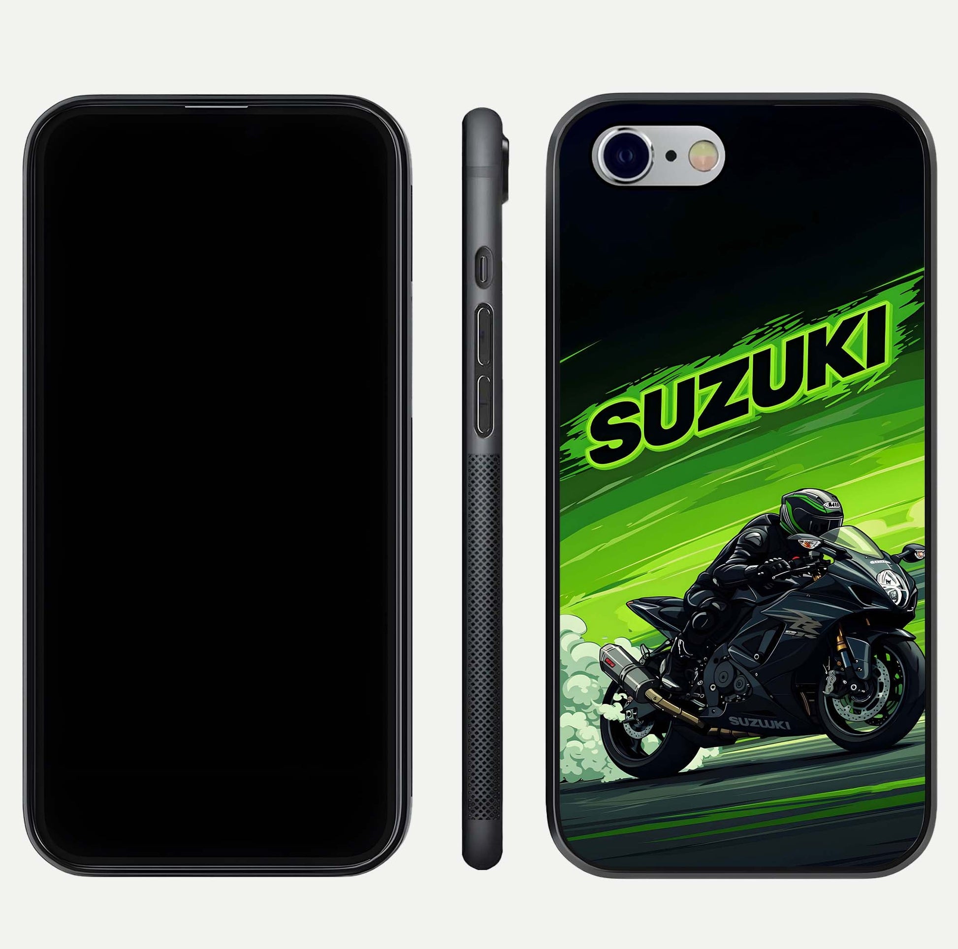 Suzuki Speed Beast Glass Case for iPhone 16 Pro front & back layout showing motion blur and sleek edges