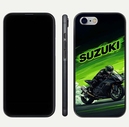 Suzuki Speed Beast Glass Case for iPhone 16 Pro front & back layout showing motion blur and sleek edges