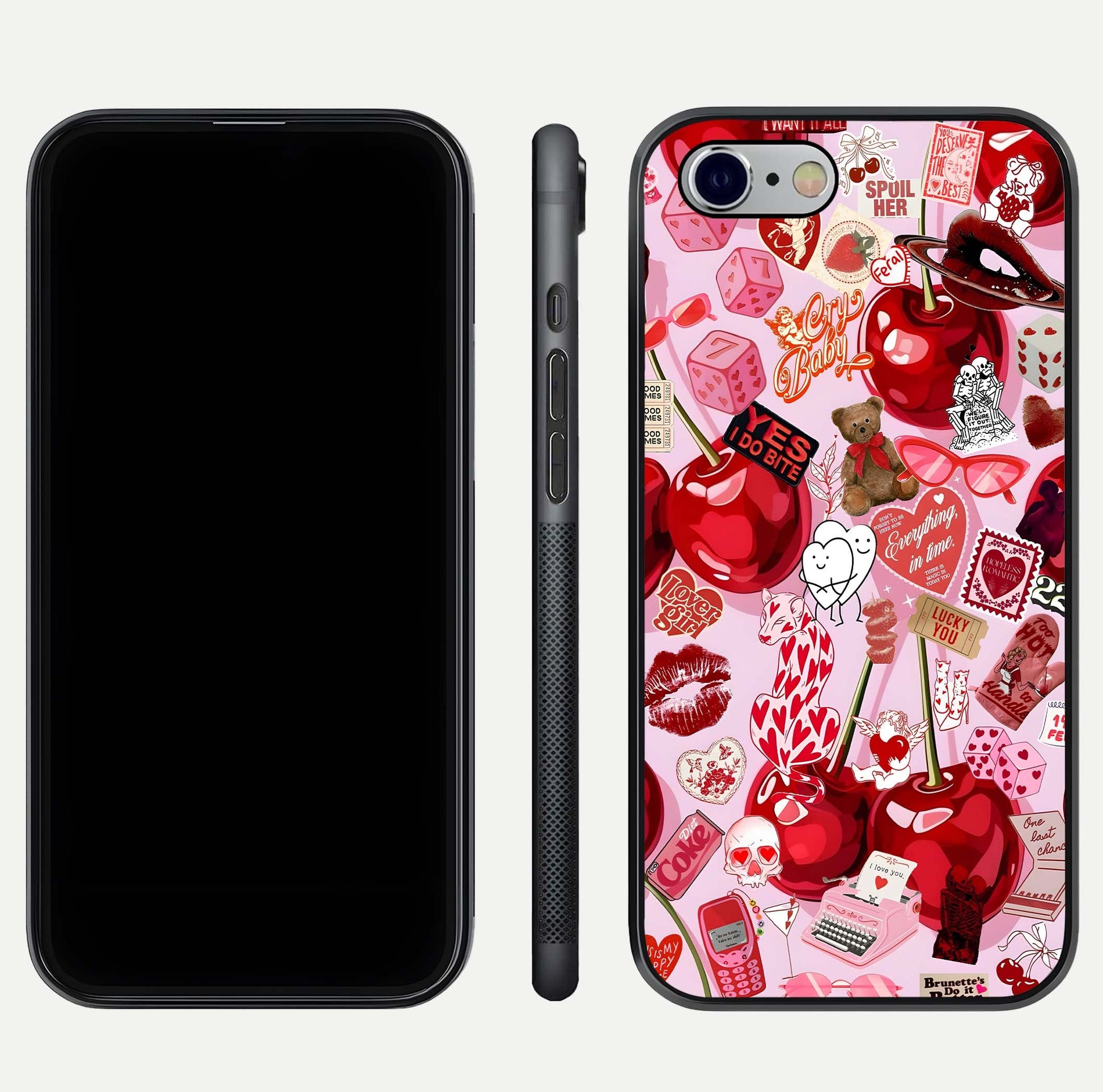Sweet Cherry Chaos Glass Case for iPhone 16 Pro front & back layout showing vibrant cherries and smooth edges
