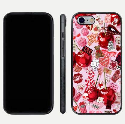 Sweet Cherry Chaos Glass Case for iPhone 16 Pro front & back layout showing vibrant cherries and smooth edges