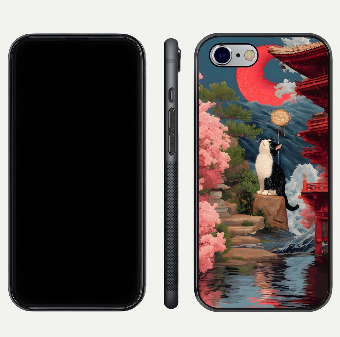 Temple Cat Scenery Glass Case for iPhone 16 Pro front & back layout showing scenic print and edge design