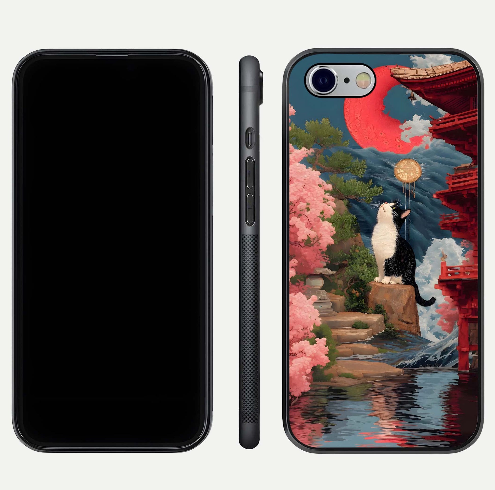 Temple Cat Scenery Glass Case for iPhone 16 Pro front & back layout showing scenic print and edge design