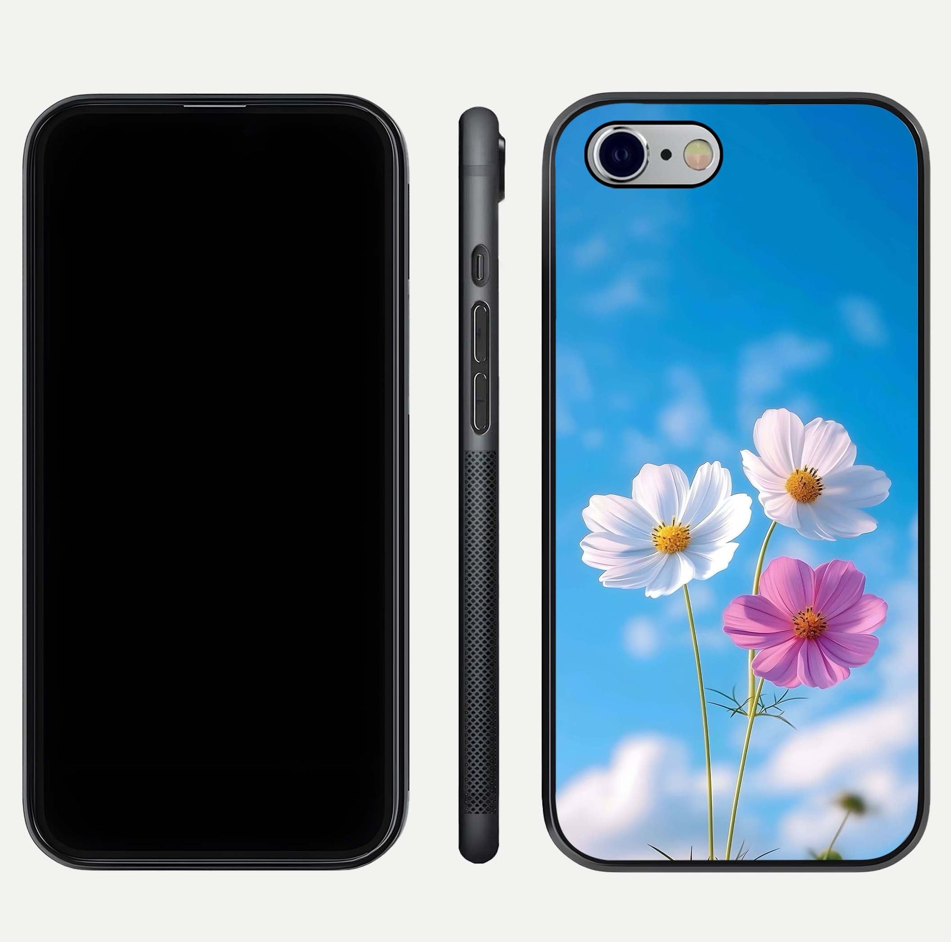 Triple Flowers With Sky Glass Case for iPhone 16 Pro front & back layout showing vivid tones and glossy surface