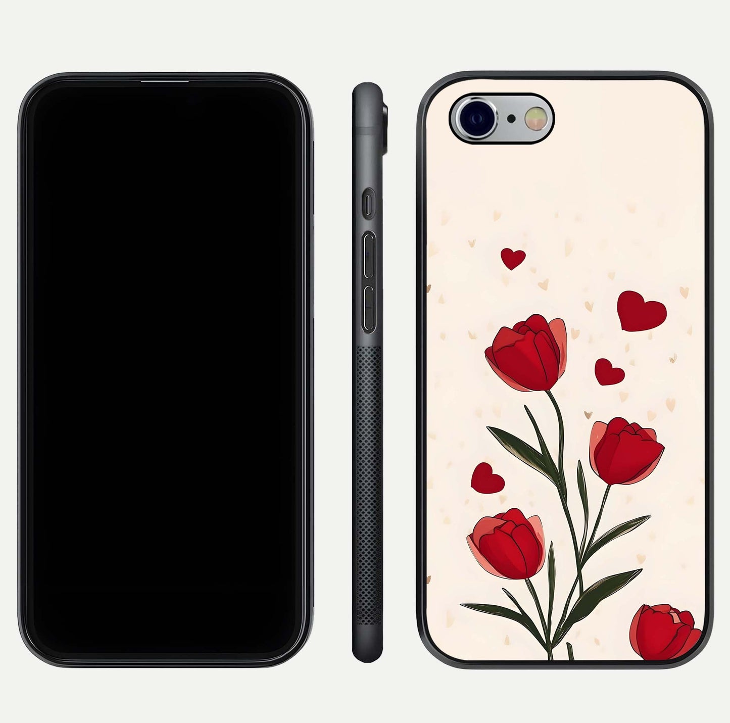 Tulip With Heart Glass Case for iPhone 16 Pro front & back layout showing heart motif and elegant gloss finish