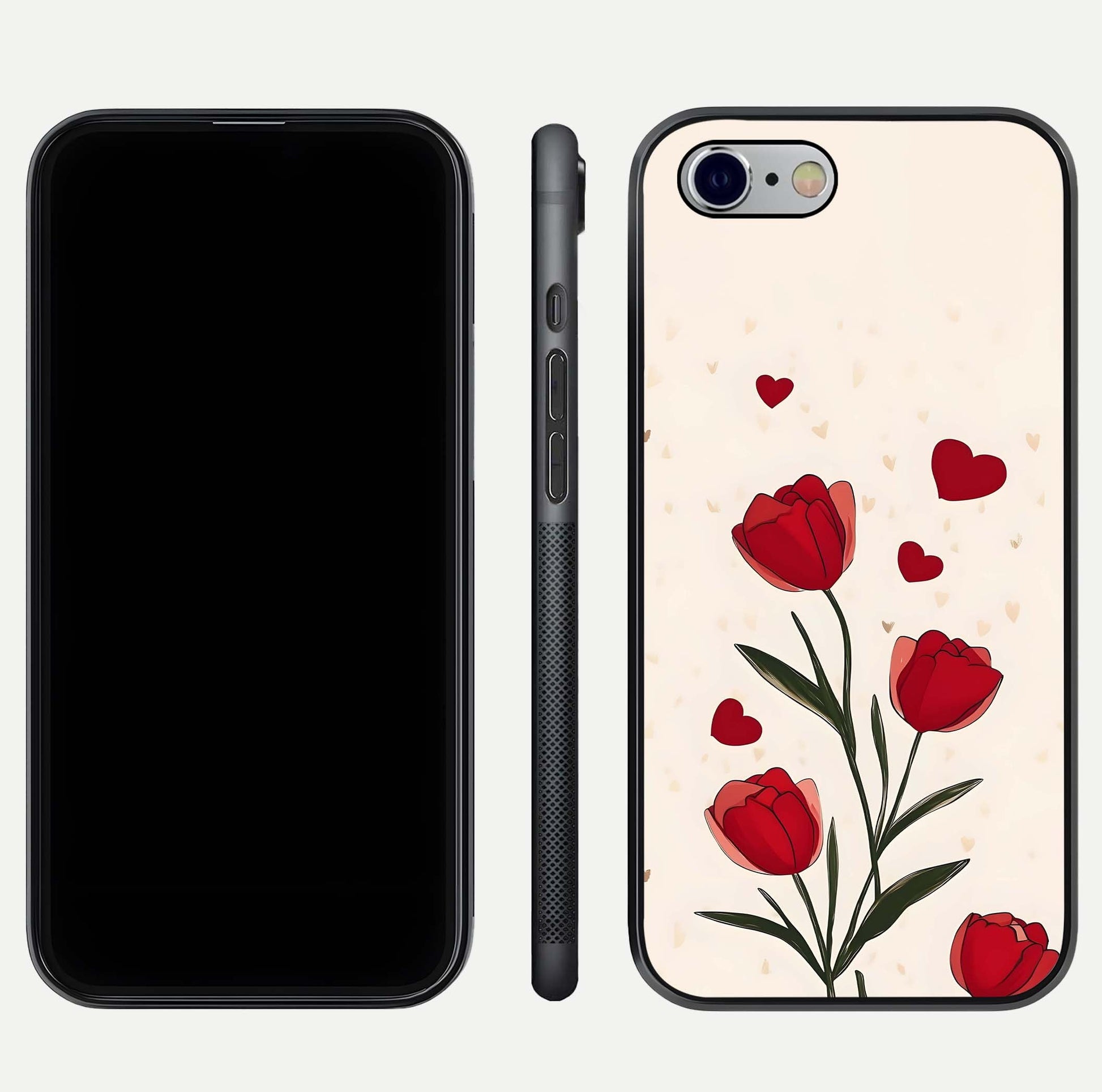 Tulip With Heart Glass Case for iPhone 16 Pro front & back layout showing heart motif and elegant gloss finish