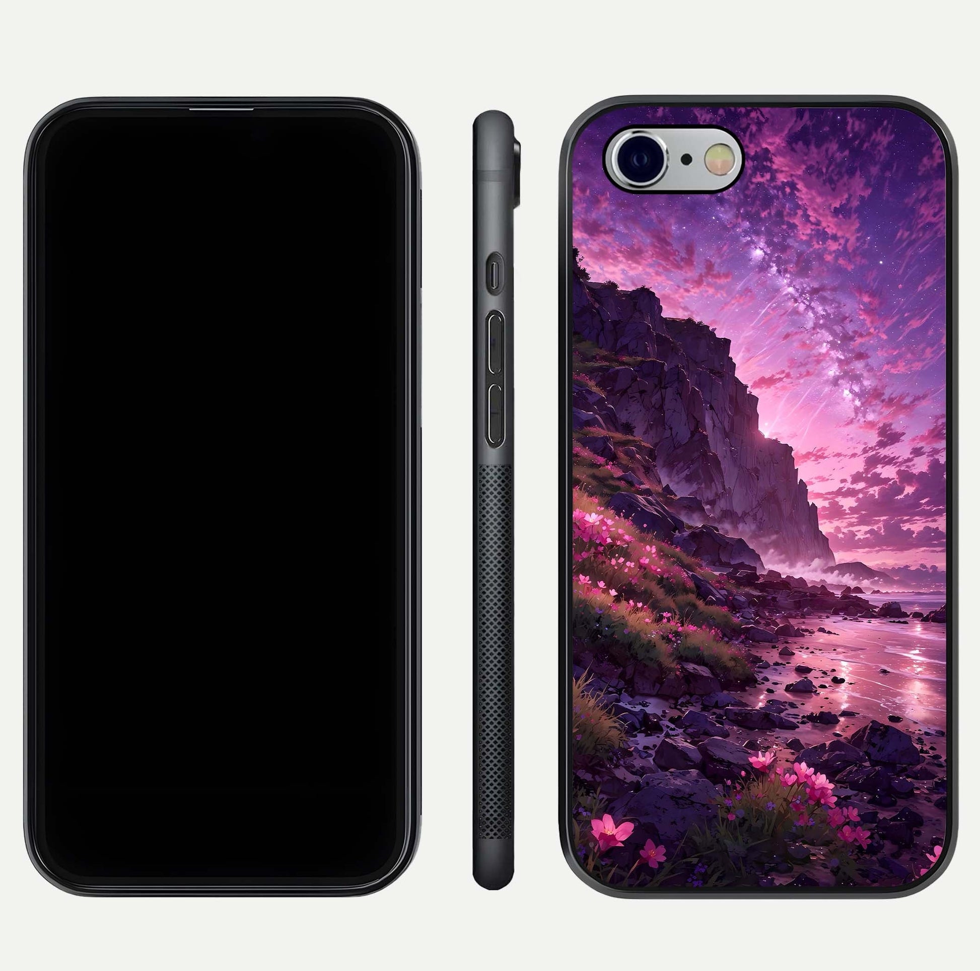 Twilight Blossom Coast Glass Case for iPhone 16 Pro front & back layout showing floral tones and curved edge