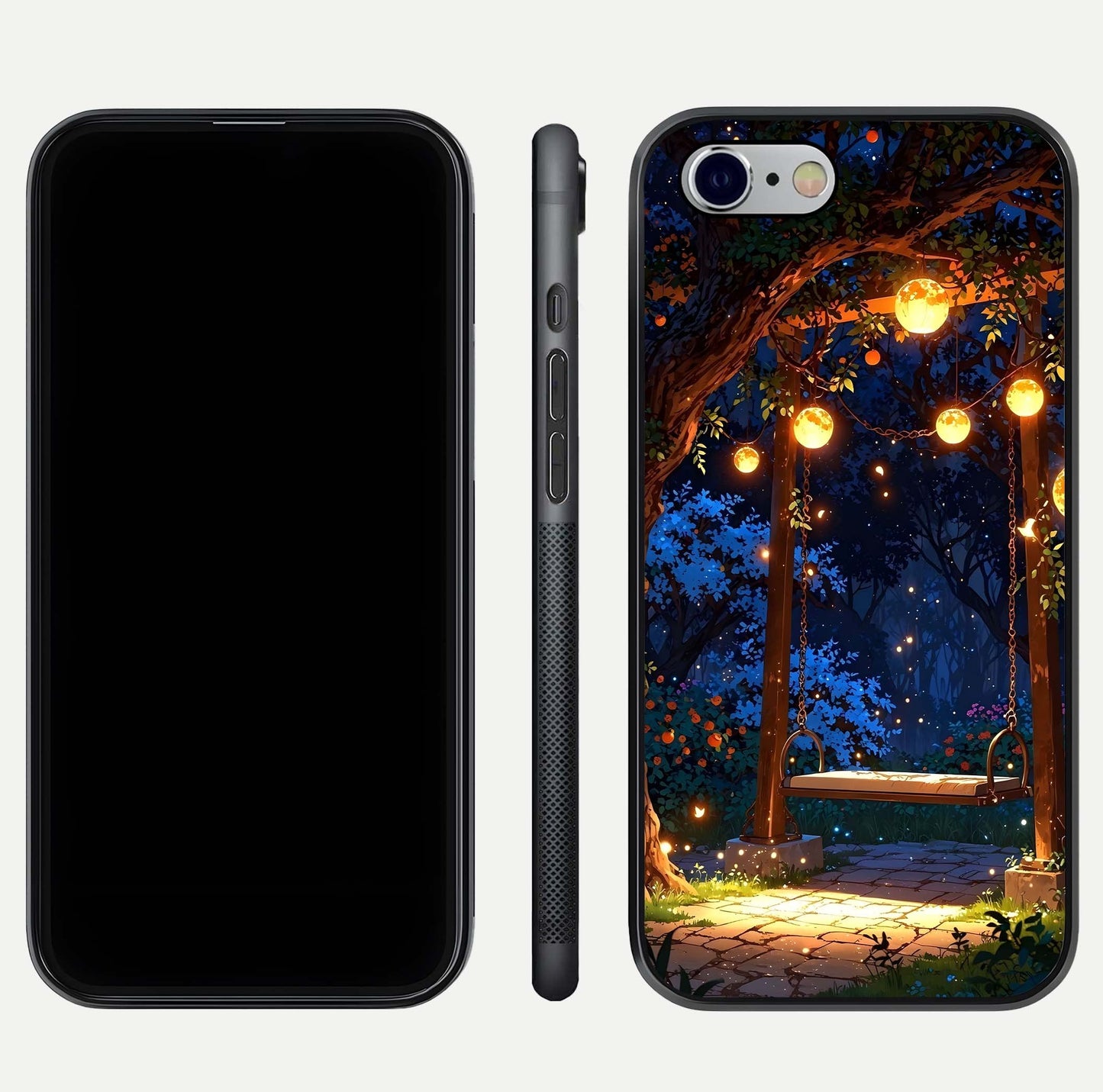 Twilight Garden Swing Glass Case for iPhone 16 Pro front & back layout showing garden art and clean edge