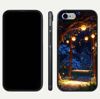Twilight Garden Swing Glass Case for iPhone 16 Pro front & back layout showing garden art and clean edge