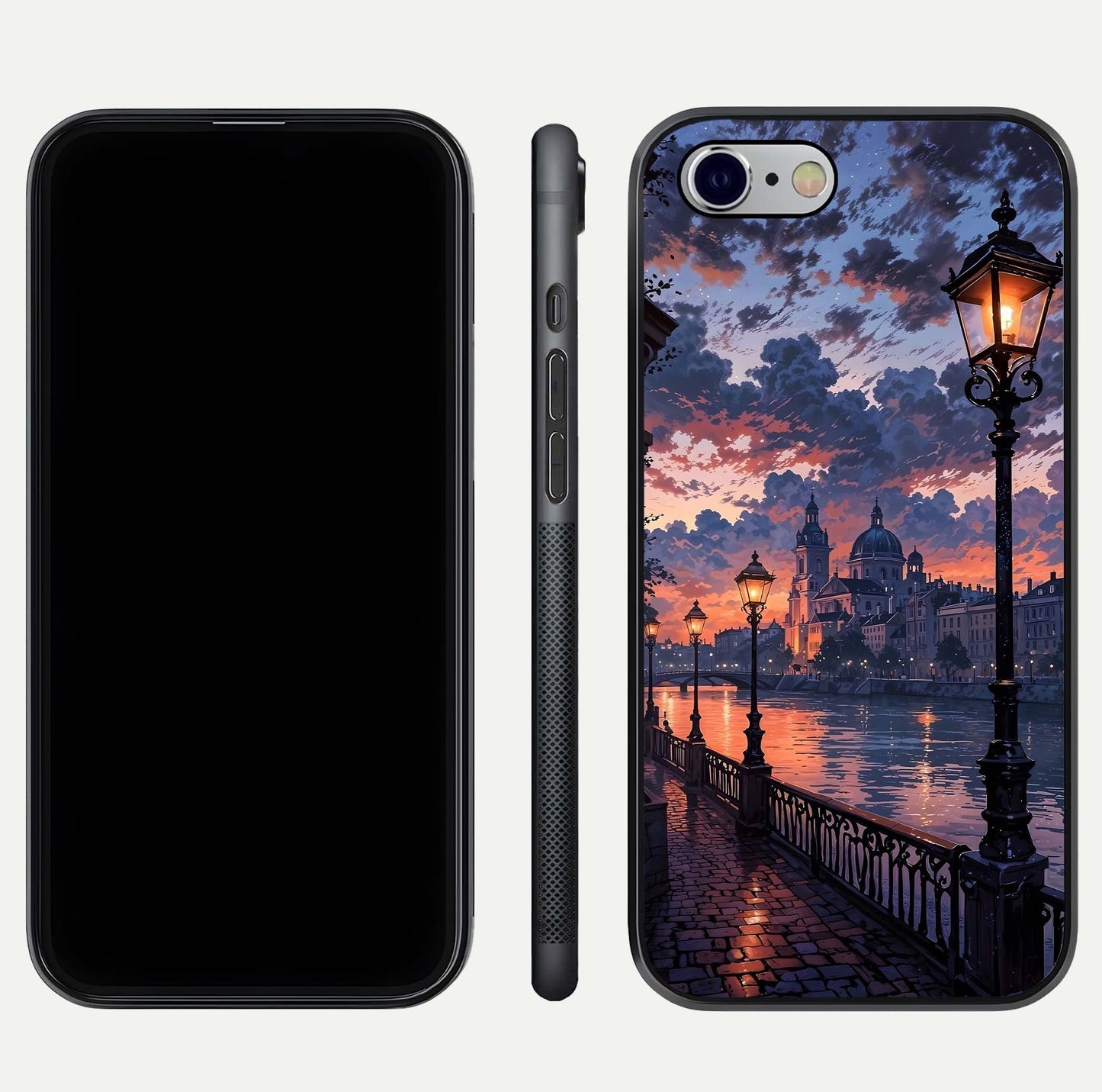 Twilight River Lights Glass Case for iPhone 16 Pro front & back layout showing scenic artwork and smooth curved edges