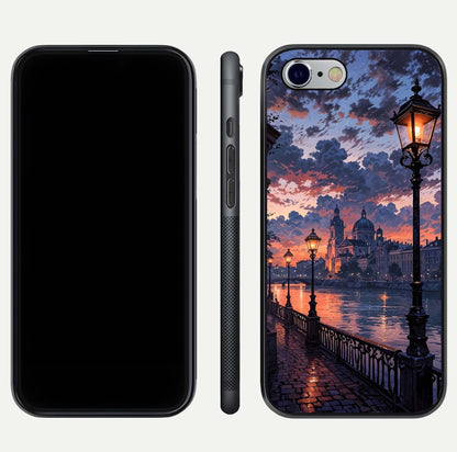 Twilight River Lights Glass Case for iPhone 16 Pro front & back layout showing scenic artwork and smooth curved edges