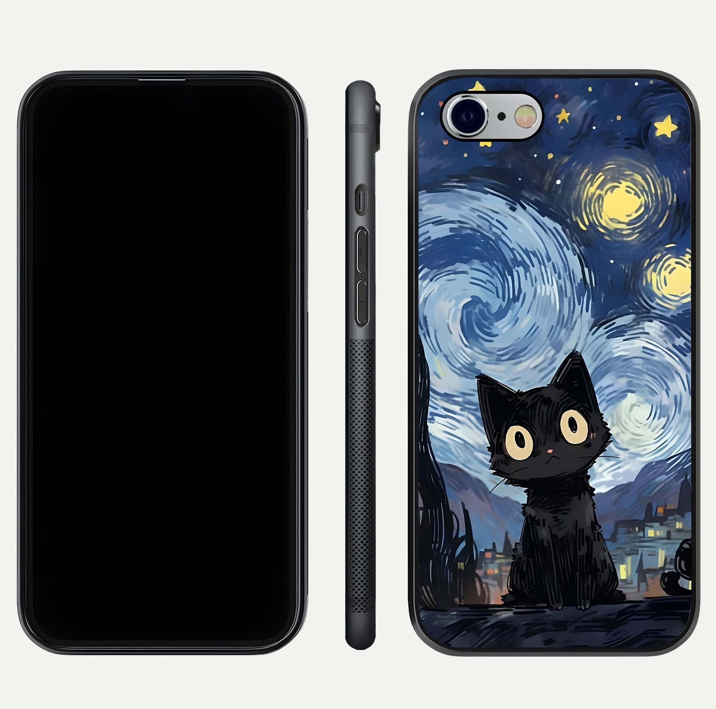 Van Gogh Cat Glass Case for iPhone 16 Pro front & back layout showing detailed art print and curved glass edges