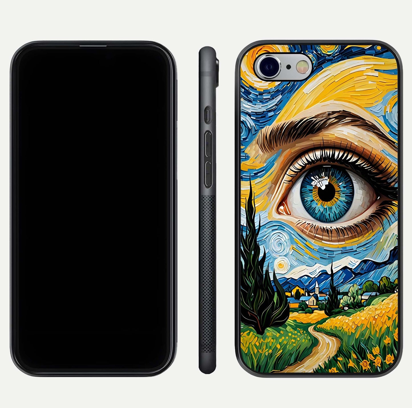 Van Gogh Eye Glass Case for iPhone 16 Pro front & back layout showing brushstroke detail and smooth finish