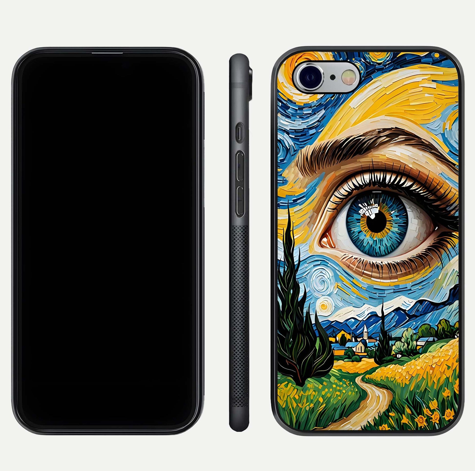 Van Gogh Eye Glass Case for iPhone 16 Pro front & back layout showing brushstroke detail and smooth finish