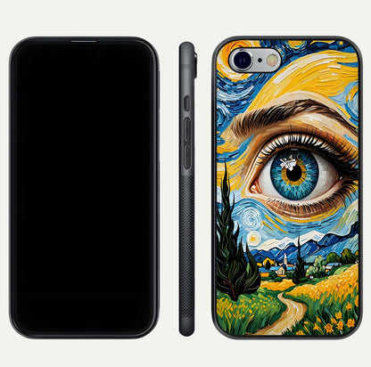 Van Gogh Eye Glass Case for iPhone 16 Pro front & back layout showing brushstroke detail and smooth finish