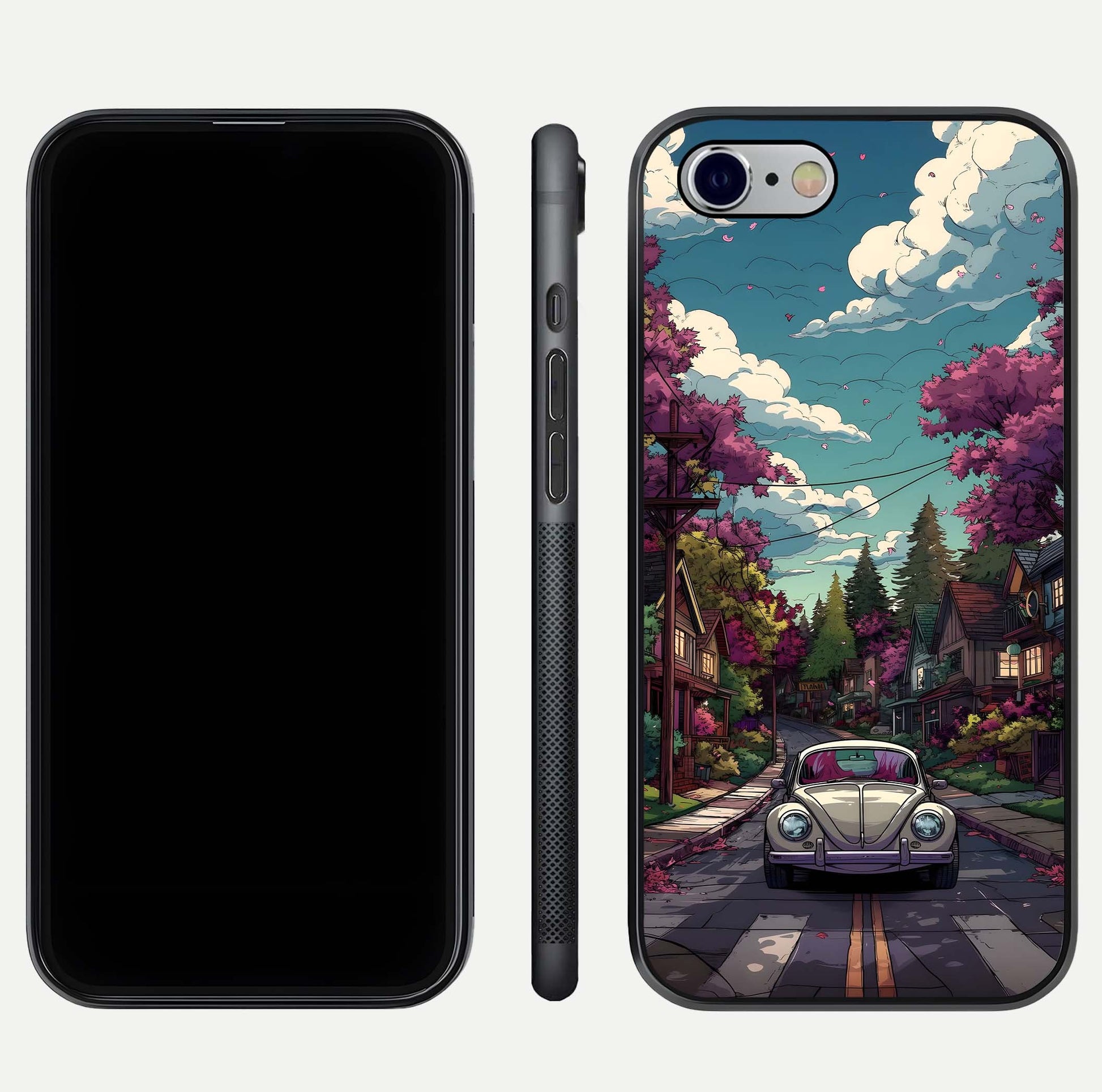 Vintage Street Drive Glass Case for iPhone 16 Pro front & back layout showing retro street scene and edges