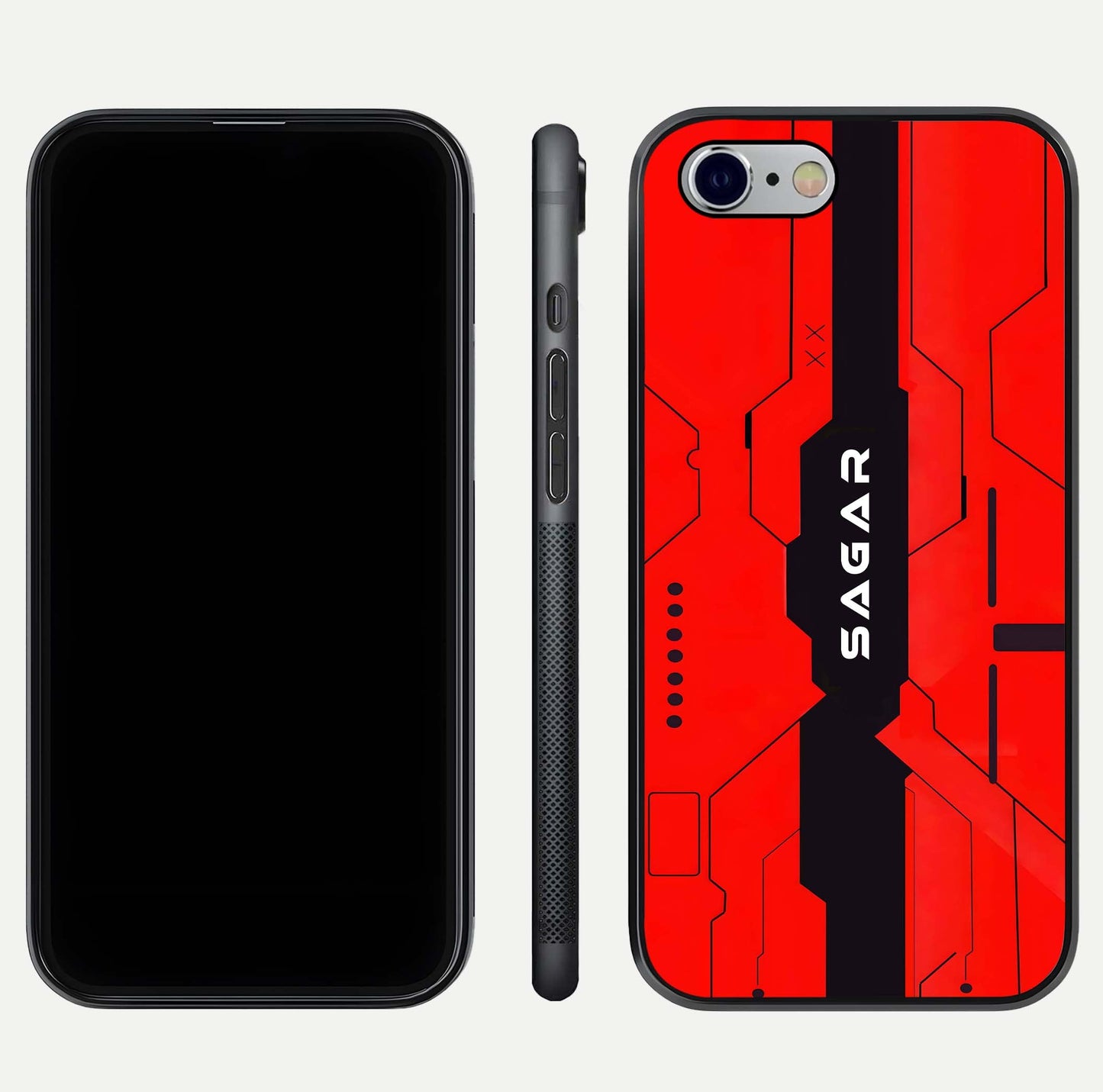 Voltage Rise CYBERPUNK Custom Name Glass Case for iPhone 16 Pro front & back layout showing futuristic tones and sleek edge