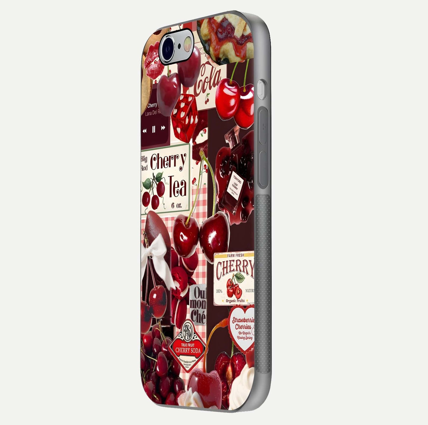 Aesthetic Cherry Tea Glass Case for iPhone 16 Pro side-angle image showing cherry collage print, camera module, and glossy finish reflection
