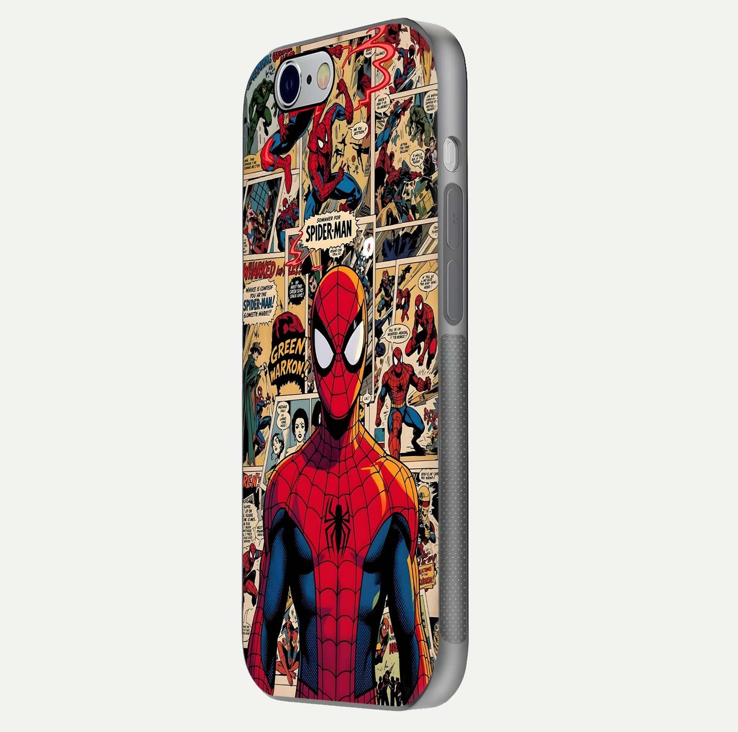 Aesthetic Spider Man Glass Case for iPhone 16 Pro side-angle image showing superhero comic print, camera module, and glossy finish reflection