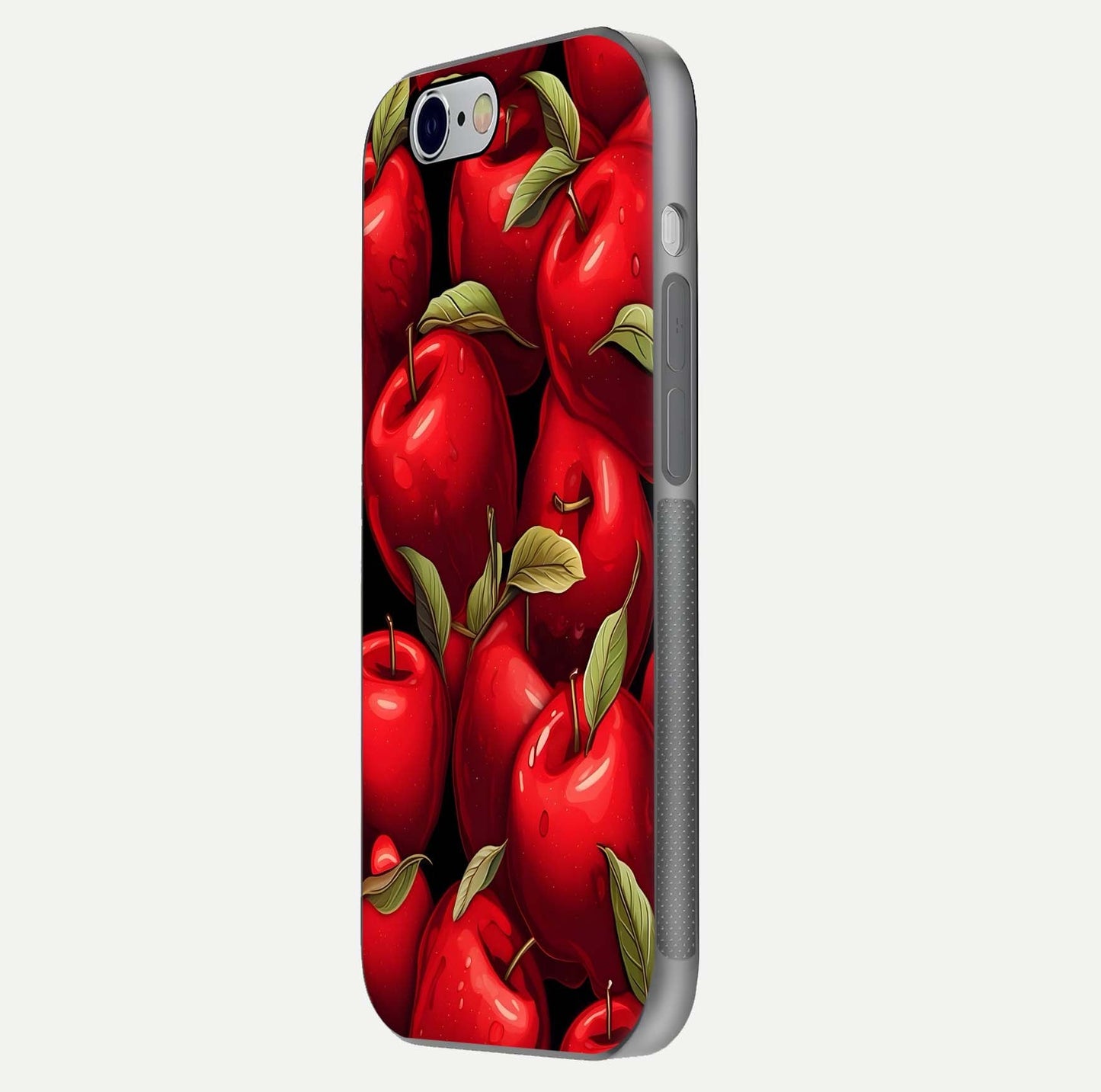 Apple Pattern Glass Case for iPhone 16 Pro side-angle image showcasing minimalist apple print and gloss reflection