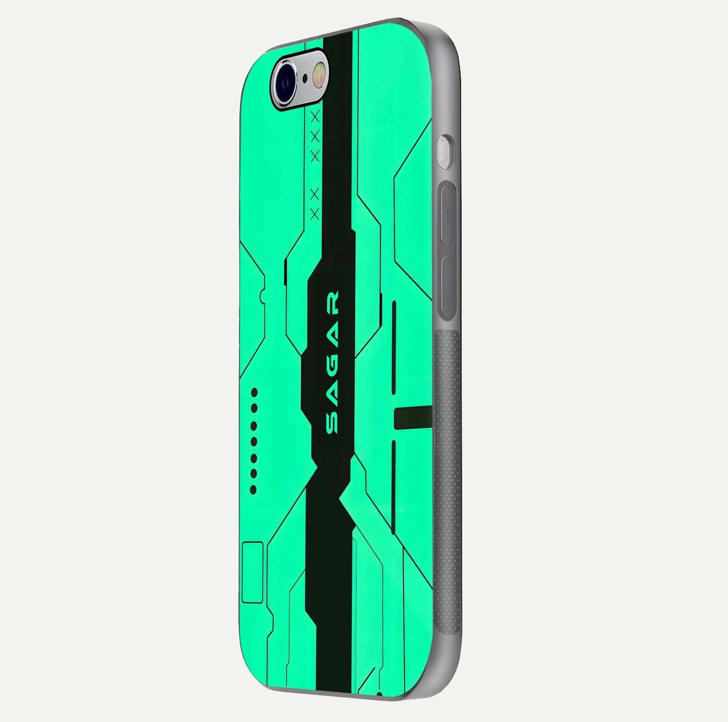 Aqua Tech CYBERPUNK Custom Name Glass Case for iPhone 16 Pro side-angle image with glowing edges and glossy surface