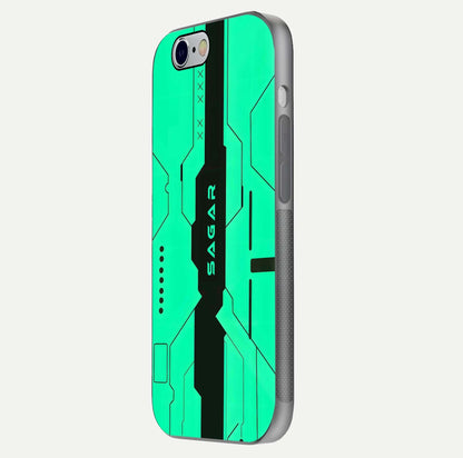 Aqua Tech CYBERPUNK Custom Name Glass Case for iPhone 16 Pro side-angle image with glowing edges and glossy surface