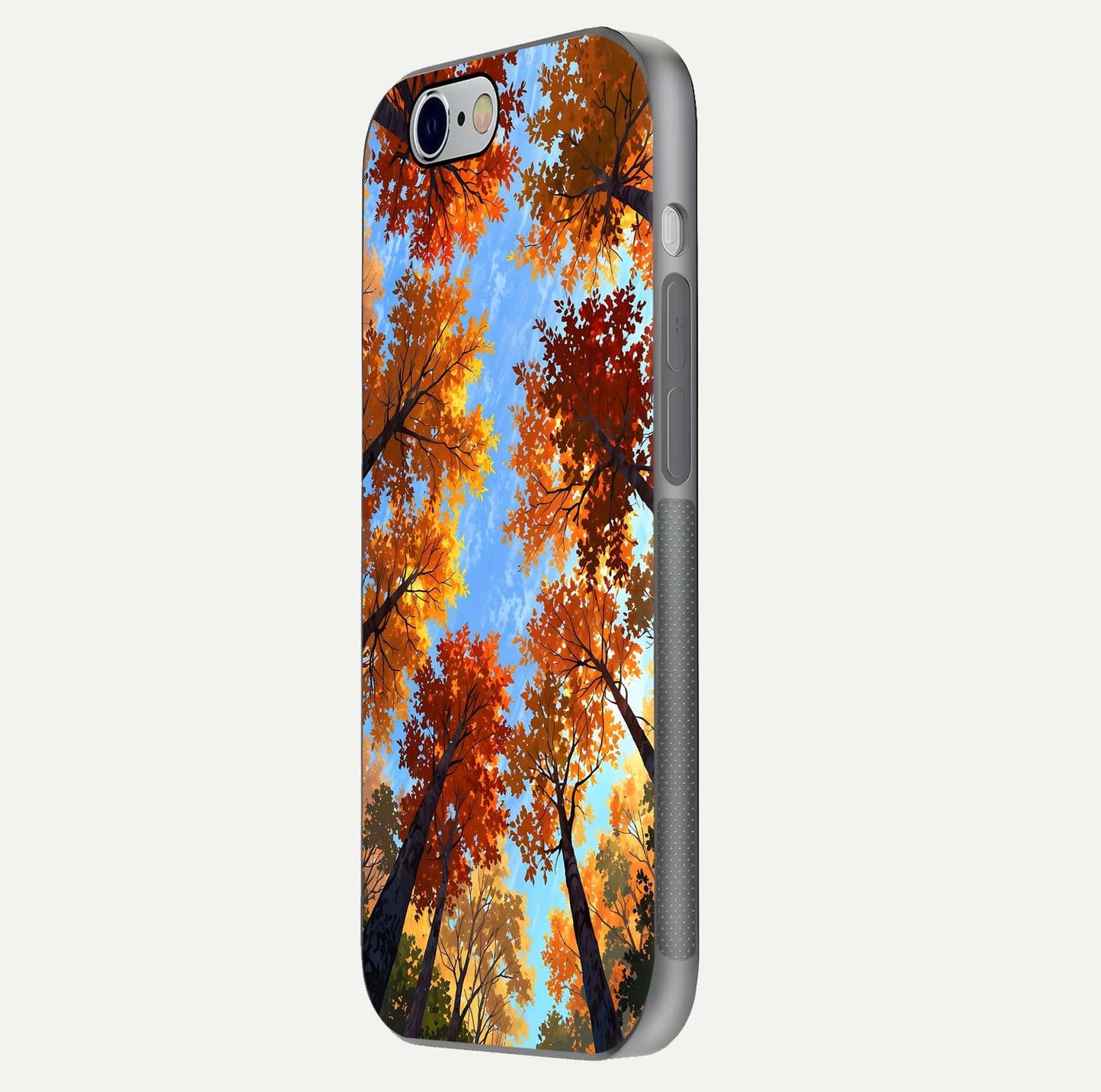 Autumn Sky Rise Glass Case for iPhone 16 Pro side-angle showing autumn art tones and protective corners