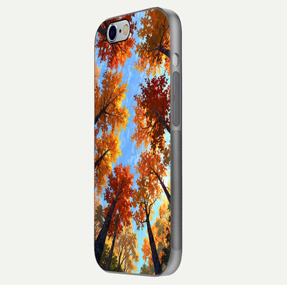 Autumn Sky Rise Glass Case for iPhone 16 Pro side-angle showing autumn art tones and protective corners