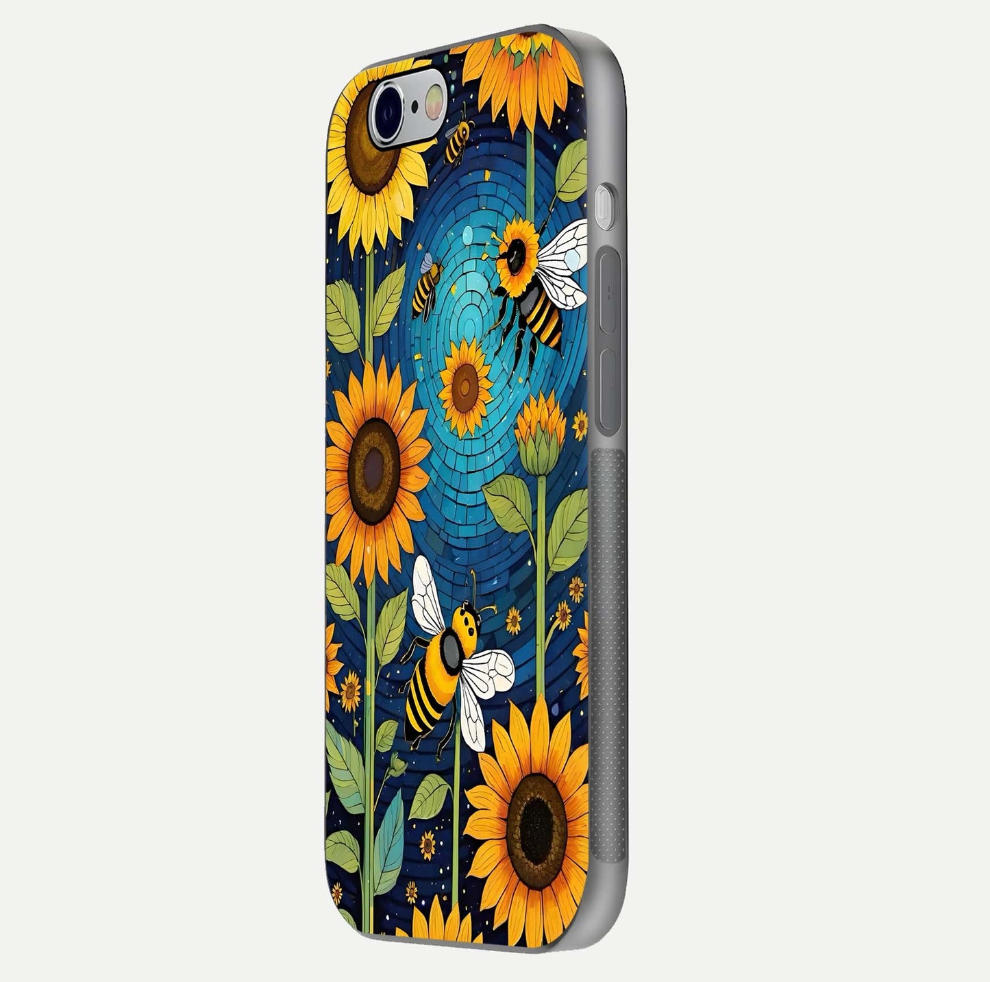 Bees & Sunflowers Glass Case for iPhone 16 Pro side-angle image showing bee pattern alignment and shiny protective surface